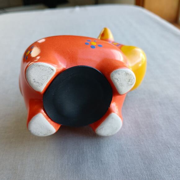 Adorable Mini Cow Piggy Bank ceramic orange yellow blue flowers 4"L x 2"W x 3"H - Picture 5 of 12